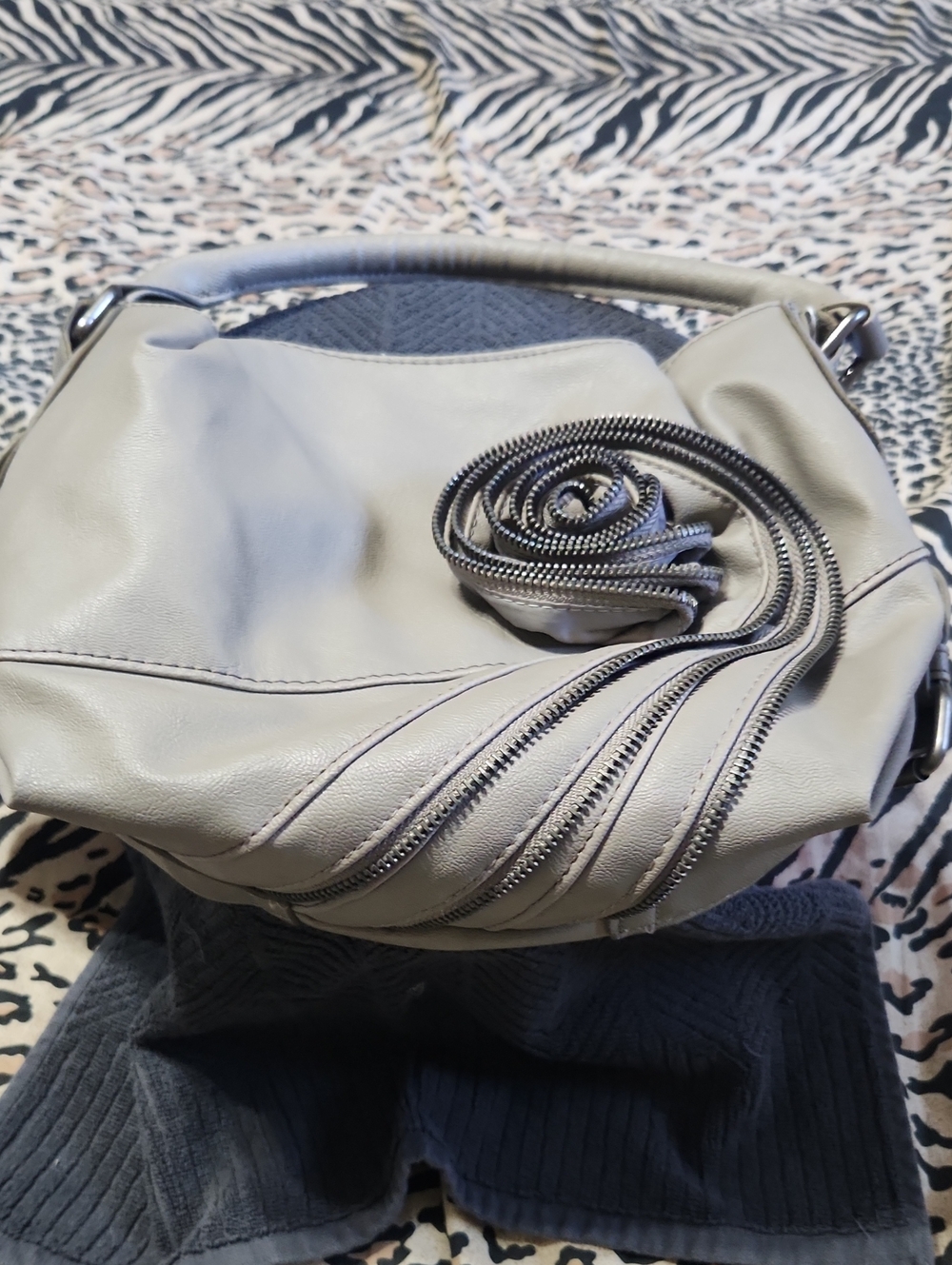 Olivia + Joy Light Gray Leather Shoulder Hobo with Zipper Rosette